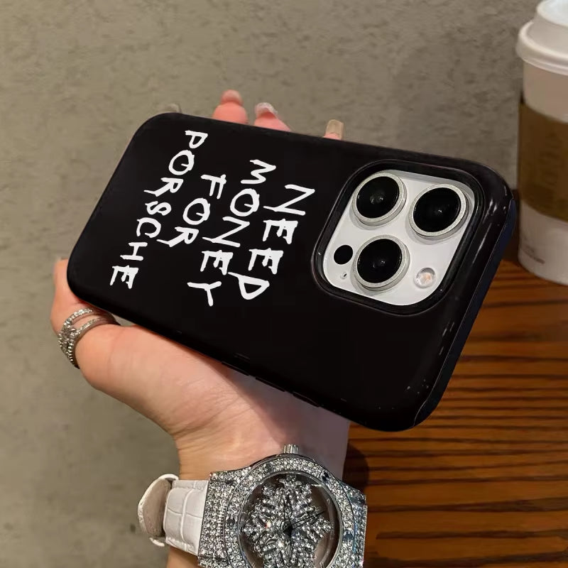 Simple Black Words Phone Case Suitable for Iphone16Promax 15 14 14 12Mini 7Plus XR 2In1 Tough Glossy Case