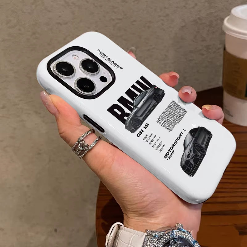 Fashionable Black Car Phone Case Suitable for Iphone16Promax 15 14 14 12Mini 7Plus XR 2In1 Tough Glossy Case